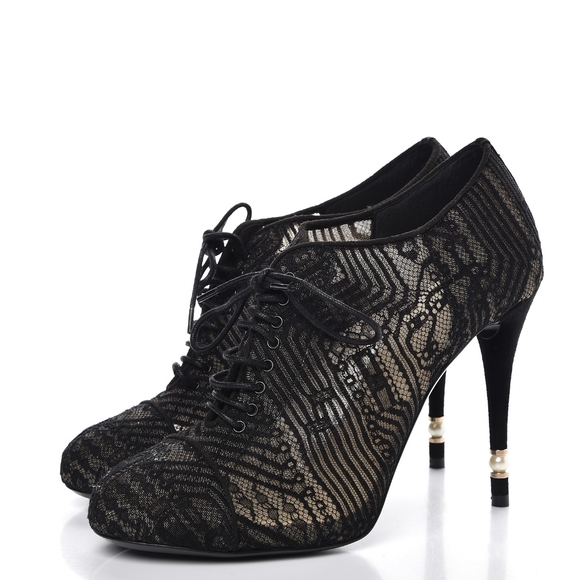CHANEL Black Lace Up Mesh Pearl Heels Booties 39.5 - Picture 9 of 13